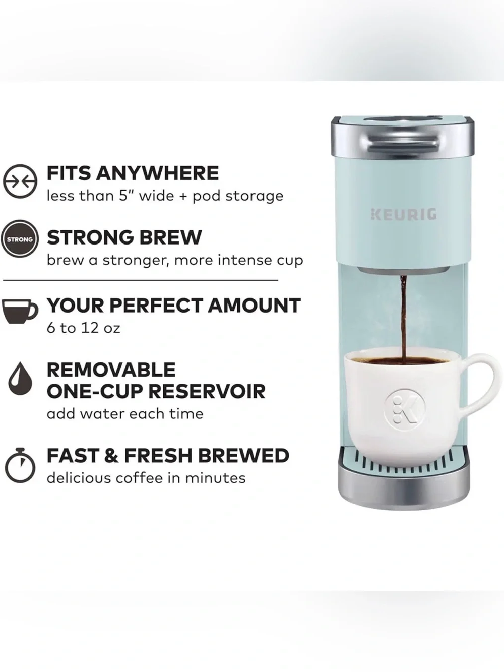 Keurig K-Mini Plus Misty Green 6-12oz Pod Storage & Travel Cup Compatible